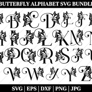 May include: Black and white SVG alphabet bundle featuring each letter of the alphabet, with a butterfly design incorporated into each letter. The letters are in a serif font. The image also includes the text "BUTTERFLY ALPHABET SVG BUNDLE".