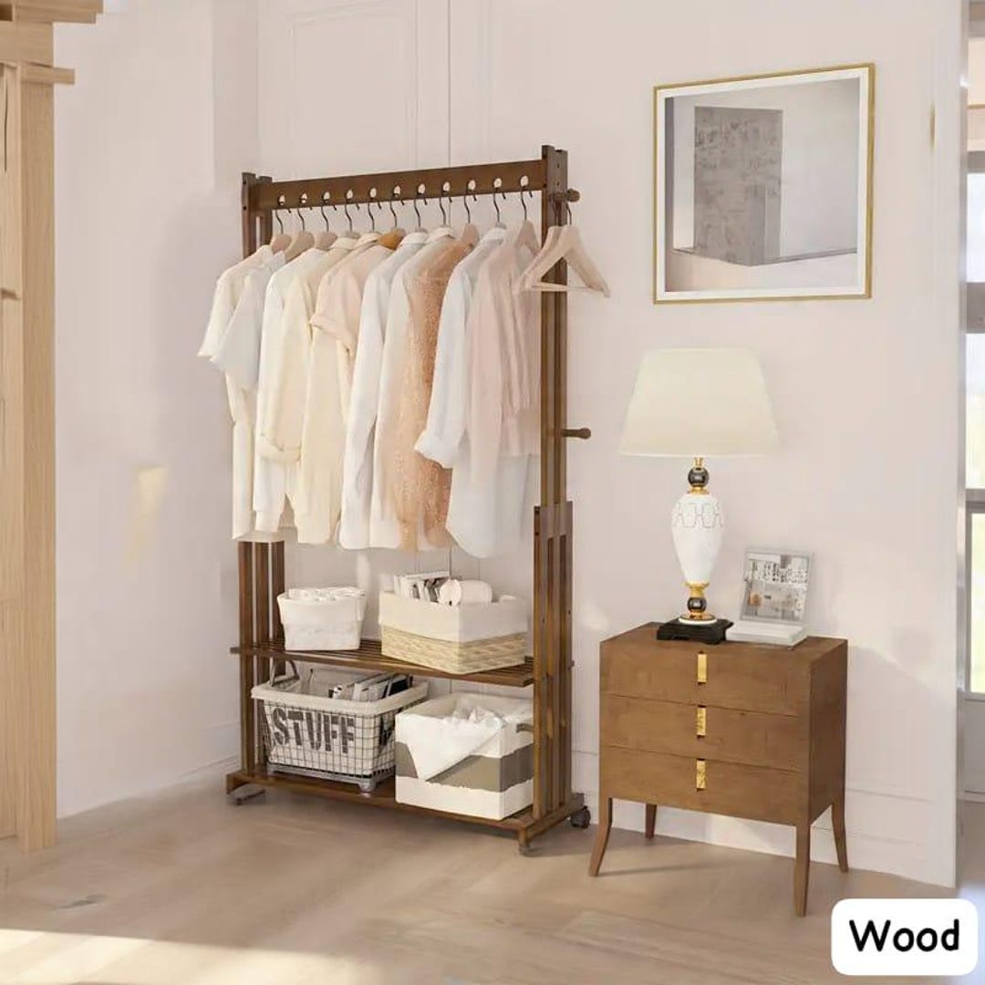 Bamboo Clothes Rack Stand: Wooden Clothing Hanging Rail Garment - Etsy