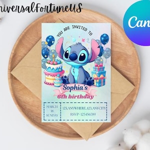 Stitch bewerkbare verjaardagsuitnodiging, afdrukbare uitnodigingen voor kinderverjaardagsfeestje, digitale kinderfeestuitnodiging, Lilo and Stitch verjaardagsuitnodiging