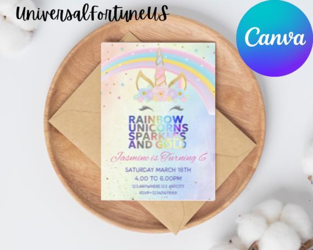 Editable Unicorn Rainbow Birthday Invitation Unicorns Rainbows Sparkles ...