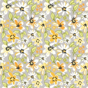 May include: A seamless pattern featuring yellow and white flowers with green leaves on a light gray background.