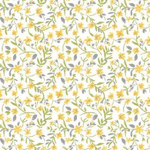 May include: A seamless pattern featuring small yellow flowers with green stems and leaves on a white background.