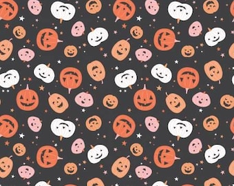 Hey Pumpkin Fabric- Black with pink and orange, and white pumpkins. 70456