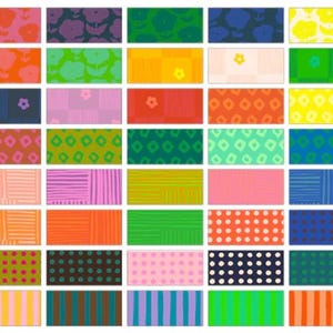 May include: A grid of colorful rectangular patterns. The patterns include floral, geometric, and striped designs in various colors such as pink, orange, green, blue, and yellow. Some rectangles feature a single flower or dot.