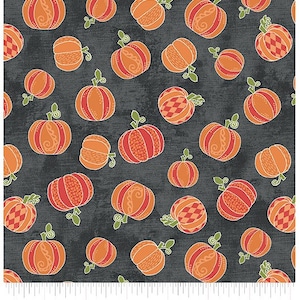 May include: A dark gray fabric with a repeating pattern of orange pumpkins. The pumpkins are stylized and have different designs. The fabric is perfect for quilting, crafts, and home decor.