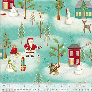 May include: A whimsical winter scene with a red brick house, snowmen, a Santa Claus figure, and a deer. The background is a turquoise blue with white snow drifts.