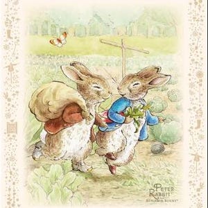 May include: An illustration featuring two rabbits from the Peter Rabbit series. One rabbit carries a sack, the other holds vegetables. A butterfly flutters nearby. The scene is set in a garden with a fence and cabbage plants.