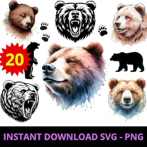 Bear bundle SVG | 20 Bear svg | Bear head svg | Bear clipart PNG, Roaring bear svg, Grizzly svg, Grizzly head, Watercolor bear, Bear clipart