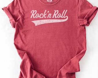 Rock N Roll Script Varsity Vintage Graphic Tee | Classic Music Fan Gift Shirt