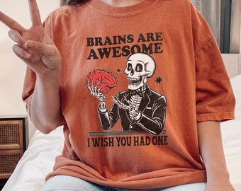 Skeleton Brains Tee – Funny Spooky Graphic T-Shirt