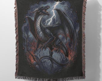 Storm Dragon Woven Blanket Lightning Throw Roaring Winged Beast Gothic Fantasy Tapestry Blanket