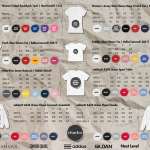 May include: A product catalog featuring various apparel items, including tank tops, t-shirts, bodysuits, sweatshirts, and hoodies. Each item displays size and color options, with measurements in inches.