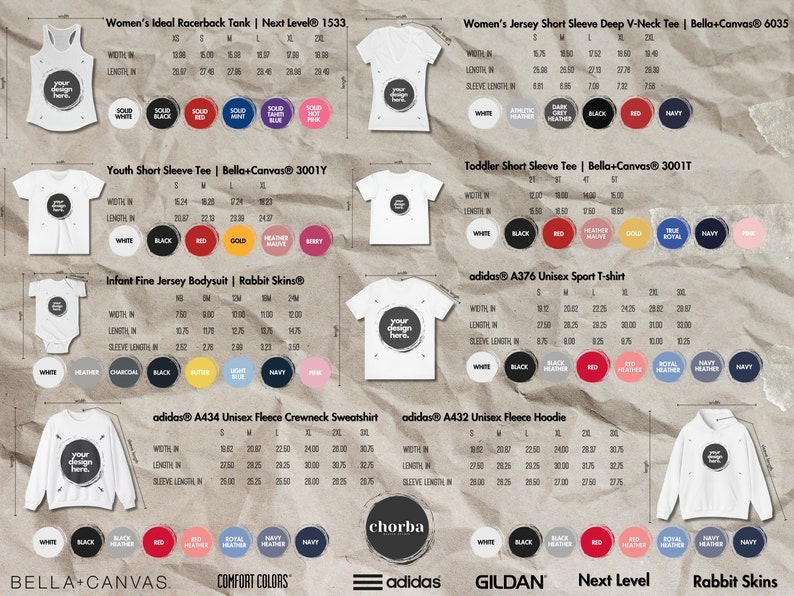 May include: A product catalog featuring various apparel items, including tank tops, t-shirts, bodysuits, sweatshirts, and hoodies. Each item displays size and color options, with measurements in inches.