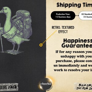 May include: A green illustration of a duck with a backpack and walking stick. The image has a retro textured effect. Text includes "Comfort Colors" and "Happiness Guarantee".