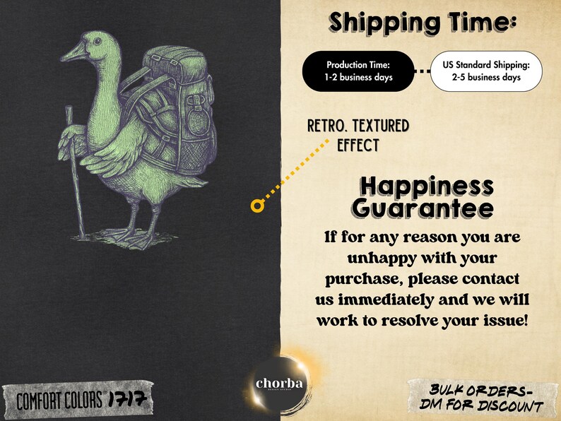 May include: A green illustration of a duck with a backpack and walking stick. The image has a retro textured effect. Text includes "Comfort Colors" and "Happiness Guarantee".