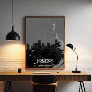 Houston Skyline Map Poster - Modern Wall Art, Black & White City Map, Perfect Houston Gift for Home Decor, High-Quality Print Canvas Frame