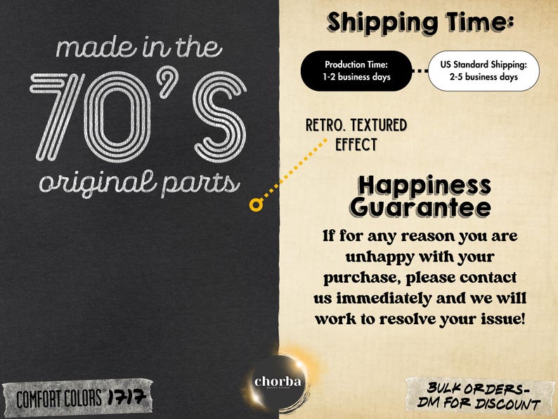 May include: A retro-style graphic with the text "made in the 70's original parts" in white on a dark background. Additional text includes "Retro. Textured Effect" and a "Happiness Guarantee" statement. The image also includes the text "COMFORT COLORS 1717".