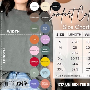 May include: A gray Comfort Colors 1717 unisex tee shirt. The image includes a size chart with measurements in inches, and a color chart with various colors like white, black, and crimson. The shirt's length is 26.6 inches for size S.