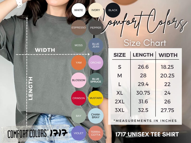 May include: A gray Comfort Colors 1717 unisex tee shirt. The image includes a size chart with measurements in inches, and a color chart with various colors like white, black, and crimson. The shirt's length is 26.6 inches for size S.