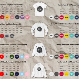 May include: A product catalog featuring various blank t-shirts, long-sleeved shirts, sweatshirts, and hoodies. Each style is displayed with size charts in inches, color options, and the brand name. The shirts have a blank space for custom designs.