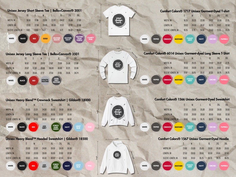 May include: A product catalog featuring various blank t-shirts, long-sleeved shirts, sweatshirts, and hoodies. Each style is displayed with size charts in inches, color options, and the brand name. The shirts have a blank space for custom designs.