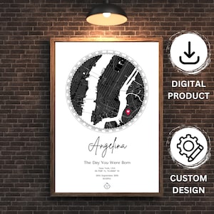 Digital personalizado mapa de la ciudad cartel diseño impresión bellas artes decoración de la pared personalizado acento del hogar regalo único de inauguración de la casa regalo de arte de pared personalizado