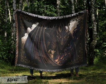 Dragon Mother & Hatchling Woven Tapestry Blanket, 100% Cotton, Fringed Edges