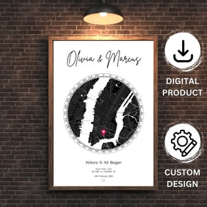 Digital personalizado mapa de la ciudad cartel diseño impresión bellas artes decoración de la pared personalizado acento del hogar regalo único de inauguración de la casa regalo de arte de pared personalizado