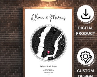May include: A framed black and white map print with a compass design around a map of New York City. The print includes the names "Olivia & Marcus", the text "Where It All Began", and the date February 14th, 2010.