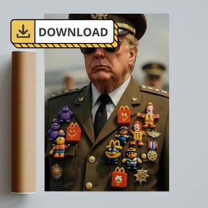 May include: A digital art print featuring a man in a military uniform adorned with McDonald's Happy Meal toys. The print includes a download icon and the word "DOWNLOAD". The man is wearing sunglasses and a military hat.