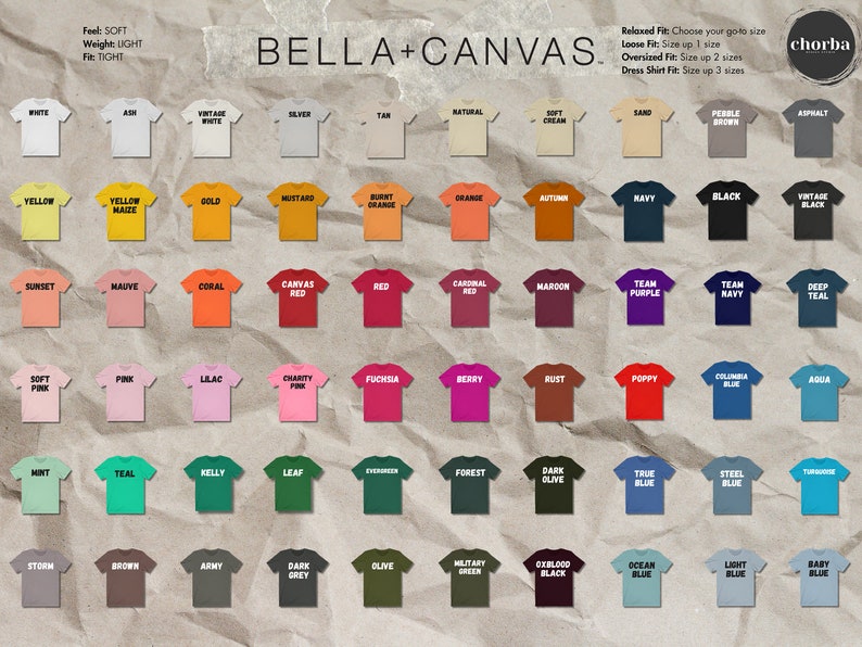 May include: A color chart of Bella+Canvas t-shirts, showcasing a variety of hues. The image displays a range of colors, including white, yellow, pink, green, and blue, each labeled with its name. The text "BELLA+CANVAS" is at the top.