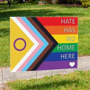 Hate Has No Home Here | 24&quot;x 18&quot; Double Sided Progress Pride Flag Yard Sign | Multicultural Pride | Happy Pride Month | LGBTQ+ Flag