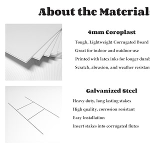 K&ouml;nnte beinhalten: Nahaufnahme eines Stapels 4 mm dicker Wellpappe. Der Text "4mm Coroplast" ist sichtbar. Der Text "Tough, Lightweight Corrugated Board" ist sichtbar. Der Text "Great for indoor and outdoor use" ist sichtbar. Der Text "Printed with latex inks for longer durability" ist sichtbar. Der Text "Scratch, abrasion, and weather resistant" ist sichtbar. Nahaufnahme eines verzinkten Stahlpflockes. Der Text "Galvanized Steel" ist sichtbar. Der Text "Heavy duty, long lasting stakes" ist sichtbar. Der Text "High quality, corrosion resistant" ist sichtbar. Der Text "Easy Installation" ist sichtbar. Der Text "Insert stakes into corrugated flutes" ist visible.