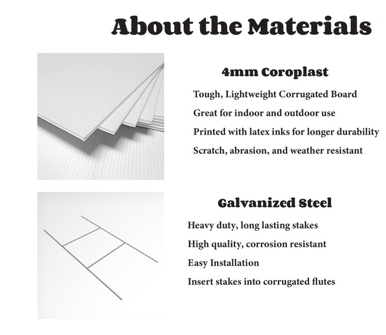 K&ouml;nnte beinhalten: Nahaufnahme eines Stapels 4 mm dicker Wellpappe. Der Text "4mm Coroplast" ist sichtbar. Der Text "Tough, Lightweight Corrugated Board" ist sichtbar. Der Text "Great for indoor and outdoor use" ist sichtbar. Der Text "Printed with latex inks for longer durability" ist sichtbar. Der Text "Scratch, abrasion, and weather resistant" ist sichtbar. Nahaufnahme eines verzinkten Stahlpflockes. Der Text "Galvanized Steel" ist sichtbar. Der Text "Heavy duty, long lasting stakes" ist sichtbar. Der Text "High quality, corrosion resistant" ist sichtbar. Der Text "Easy Installation" ist sichtbar. Der Text "Insert stakes into corrugated flutes" ist visible.
