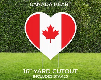 May include: A 16-inch red and white heart-shaped yard cutout with the Canadian flag design. The cutout includes stakes for easy placement. "CANADA HEART" and "INCLUDES STAKES" are printed on the image.