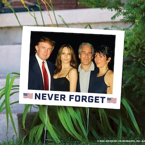 May include: A sign with a photograph of four people, with the text "NEVER FORGET" and American flags. The sign is placed in a grassy area with green plants and a concrete step in the background.