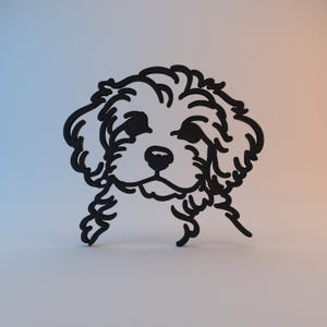 May include: Black silhouette of a dog's face, featuring curly fur and a friendly expression. The dog's eyes, nose, and mouth are clearly defined, creating a charming and detailed outline. The background has a gradient of blue and peach.