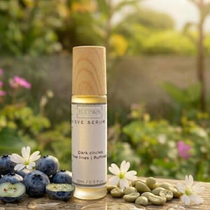 Puede incluir: Una botella de vidrio transparente de Ecoskin Eye Serum con tapa de madera, junto a arándanos, flores blancas y granos de café verdes. La etiqueta dice "Ojeras, Líneas de expresión, Bolsas" y "10ml / 0.3 fl oz."