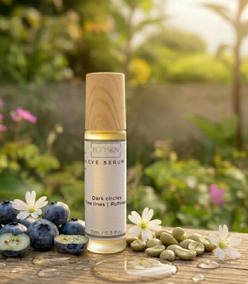 May include: A clear glass bottle of Ecoskin Eye Serum with a wooden cap, next to blueberries, white flowers, and green coffee beans. The label reads "Dark circles, Fine lines, Puffiness" and "10ml / 0.3 fl oz."