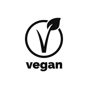 May include: A black and white vegan symbol. The design features a stylized leaf and the letter "V" inside a circle, with the word "vegan" below.