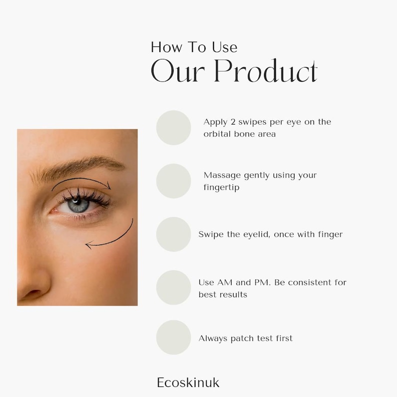 May include: Image showing a close-up of a person's eye with instructions on how to use a product. Text reads "How To Use Our Product" with steps: apply, massage, swipe, use AM and PM, and patch test. The brand name "Ecoskinuk" is at the bottom.