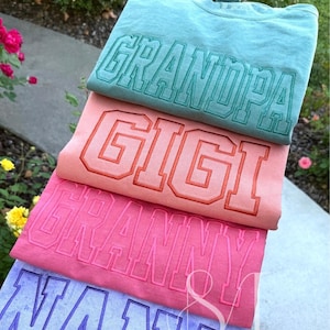 Personalized Embroidered Comfort Colors Grandma Shirt: Custom Gigi Gift Mimi Godmother Kiki Lollie Auntie Nana Great Grandma Names on Sleeve