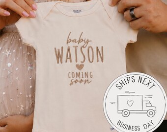 Pregnancy Announcement Onesie® Baby Shower Gift Personalized Newborn Bodysuit Custom Name Embroidered Infant Coming Soon Reveal Last Name B4