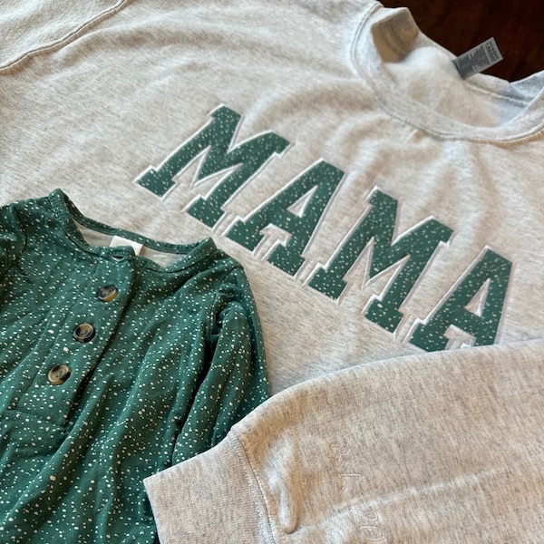 Mama Embroidered Baby Outfit Keepsake Applique Sweatshirt kids name on sleeve under