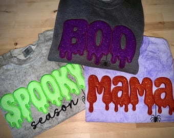 Spooky Season BOO Halloween Mama Glitter Shirt  Dripping Spider Design Boo Text Shimmer Women October Clothing Trick Treat Party Outfit Fall