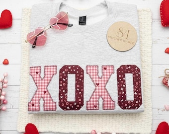 XOXO Alla hjärtans dag broderad tröja rosa hjärtan alla hjärtans dag tröja vintage hjärtan rund hals röd rutig pullover grå
