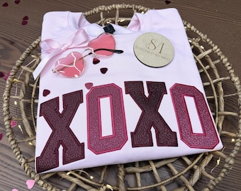 XOXO Alla hjärtans dag broderad tröja rosa hjärtan alla hjärtans dag tröja vintage hjärtan rund hals röd rutig pullover grå