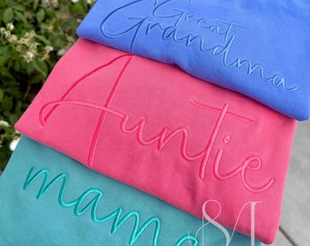 Personalized Embroidered Grandma Comfort Colors Shirt: Custom Gigi Gift Mimi Godmother Kiki Lollie Auntie Nana Great Grandma