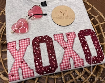 XOXO Alla hjärtans dag broderad tröja rosa hjärtan alla hjärtans dag tröja vintage hjärtan rund hals röd rutig pullover grå