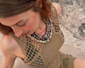 Neolithic necklace replica | fire-baked ceramic beads | Iberian amulet | primitive pottery. Ancient prehistoric replica